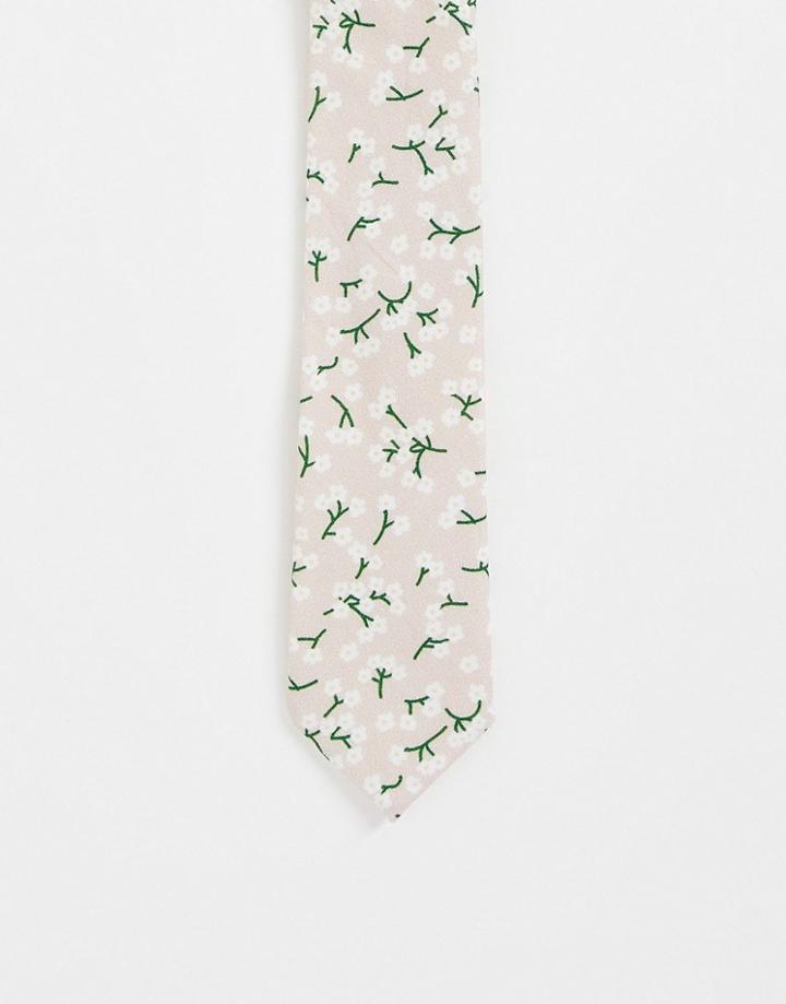 Asos Design Linen Slim Tie With Ditsy Floral Design In Pale Pink