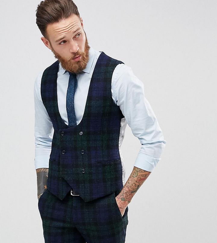 Noose & Monkey Harris Tweed Super Skinny Vest In Plaid - Navy