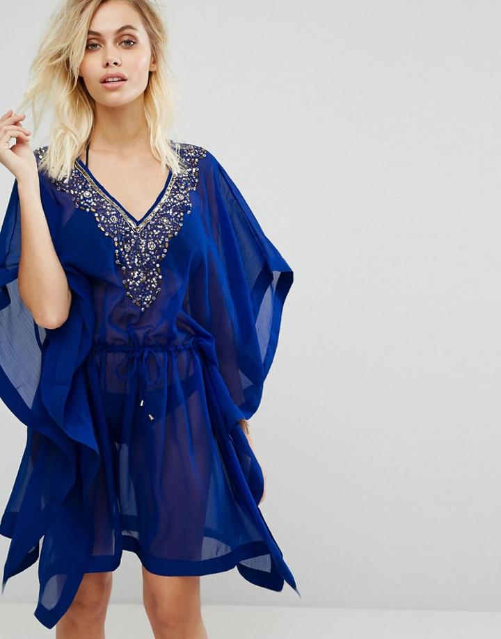 Pia Rossini Caftan With Silver Embellishment And Satin Trim - Blue