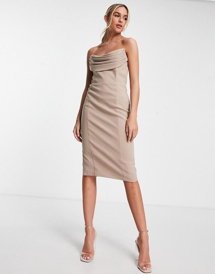 Lavish Alice Cowl Front Bandeau Midi Pencil Dress In Stone-neutral
