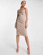Lavish Alice Cowl Front Bandeau Midi Pencil Dress In Stone-neutral