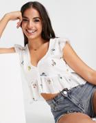 Stradivarius Frill Detail Top With Floral Embroidery In White