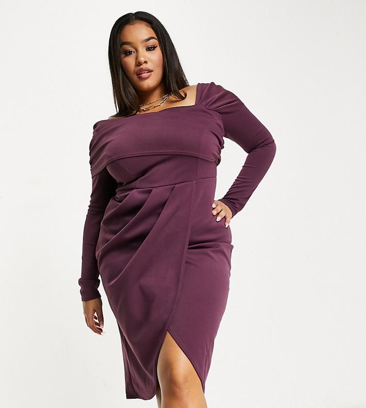 Asos Design Curve Bare Shoulder Pencil Midi Dress In Aubergine-orange