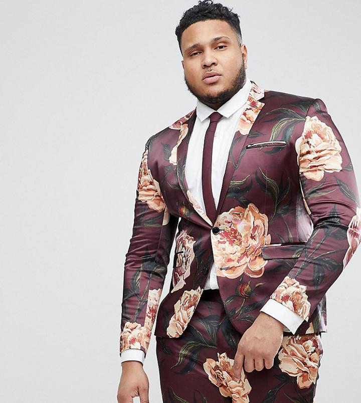 Asos Plus Super Skinny Suit Jacket In Burgundy Floral Print - Red