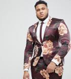 Asos Plus Super Skinny Suit Jacket In Burgundy Floral Print - Red