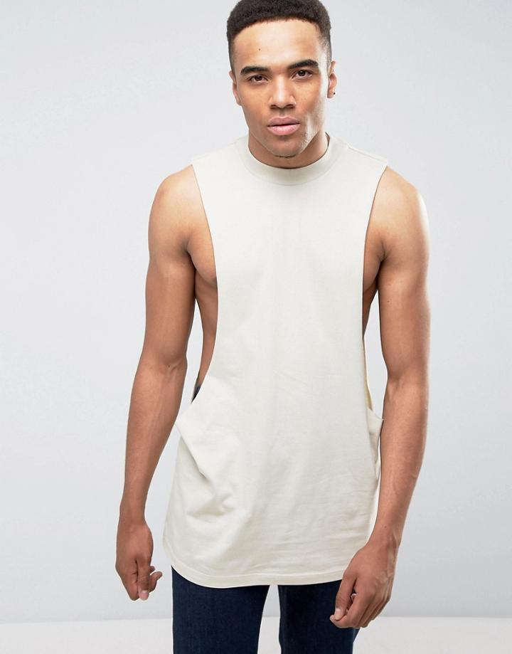 Asos Sleeveless Longline T-shirt With Dropped Armhole In Beige - Beige