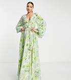Asos Design Tall Soft Shirred Waist Open Back Maxi Dress In Yellow And Blue Floral-multi