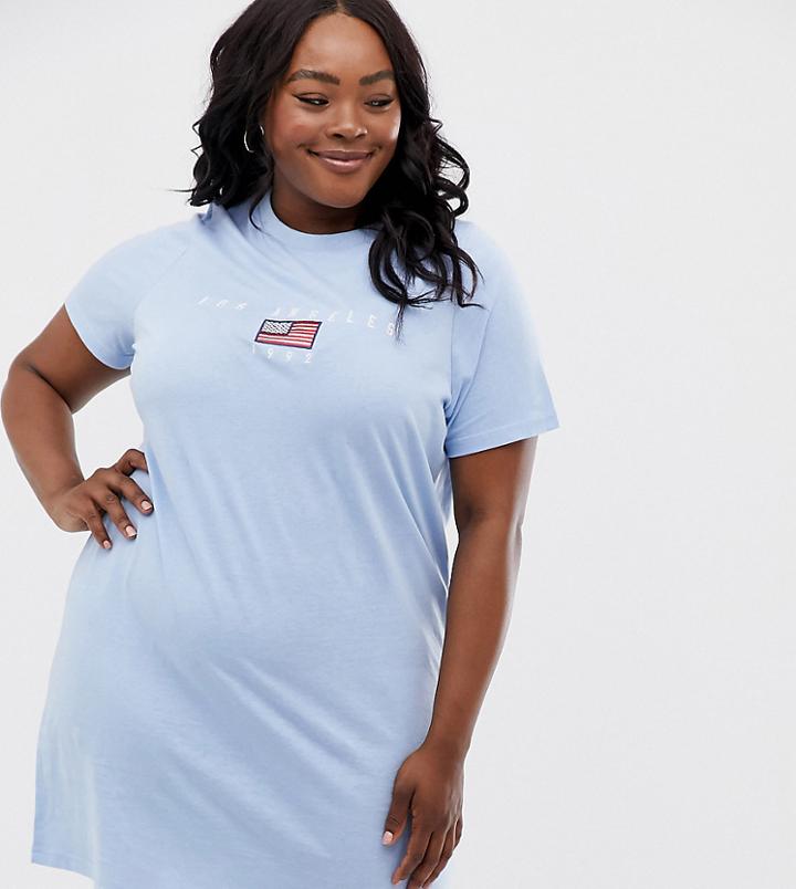 Daisy Street Plus Oversized T-shirt Dress With Los Angeles Embroidery - Blue