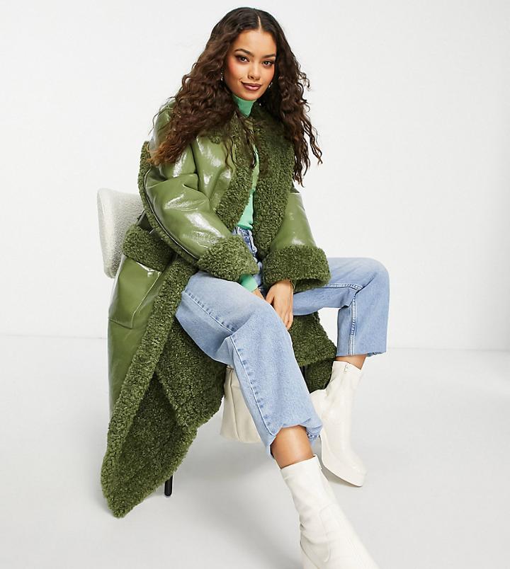 Asos Design Petite Vinyl Sherpa Maxi Coat In Khaki-green
