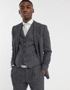 Asos Design Slim Suit Jacket In Blue And Gray 100% Lambswool Tweed-grey