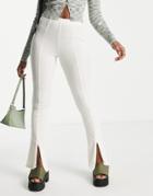Topshop Waffle Zip Front Split Flared Pants In Ecru-white