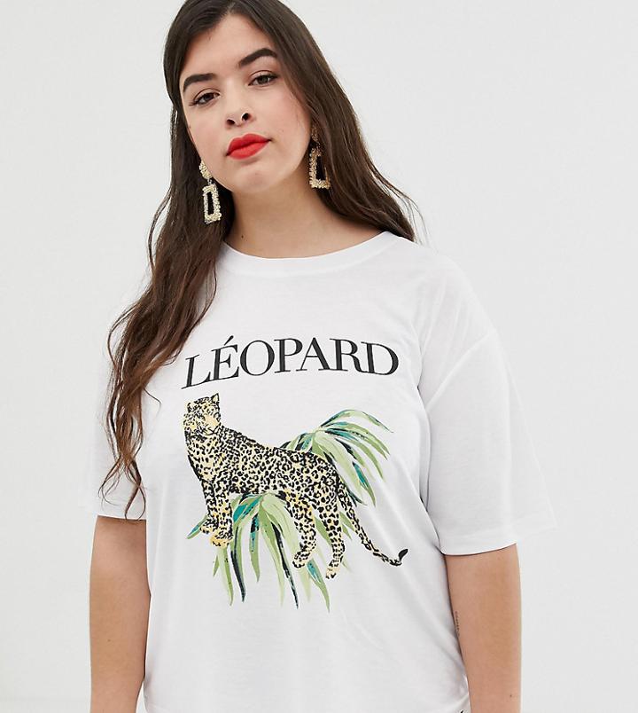 Neon Rose Plus Relaxed T-shirt With Leopard Graphic - White