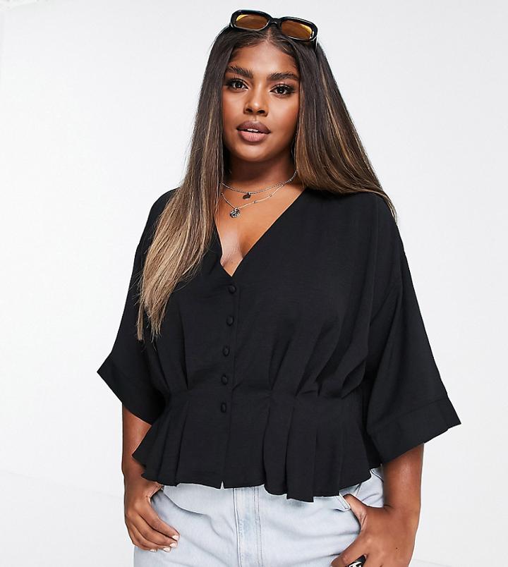 Asos Design Curve Button Through Tea Blouse In Black