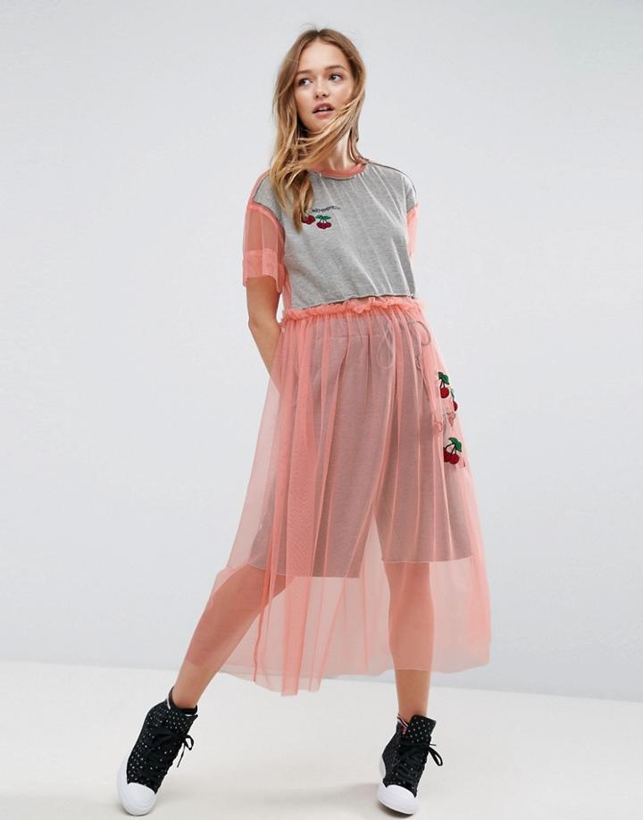 Asos X Lot Stock & Barrel Mesh Dress With Cherries - Pink