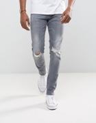 Asos Skinny Jeans In Vintage Gray Wash With Knee Rips And Hem Detail - Gray
