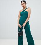 Missguided Petite Strappy Cross Front Wide Leg Jumpsuit In Green - Green