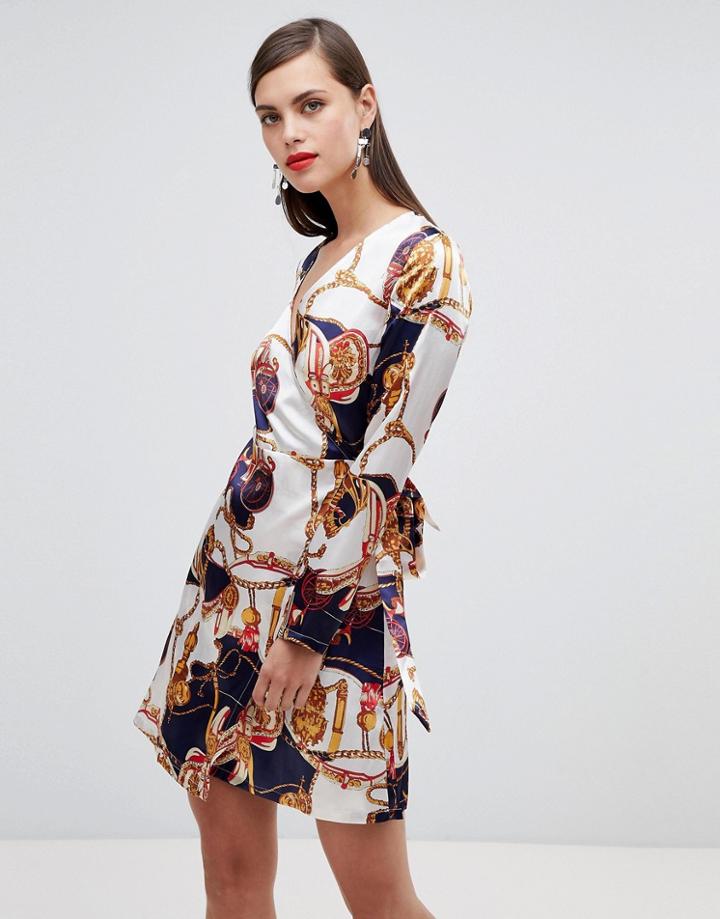 Unique 21 Scarf Print Long Sleeve Wrap Dress - Multi