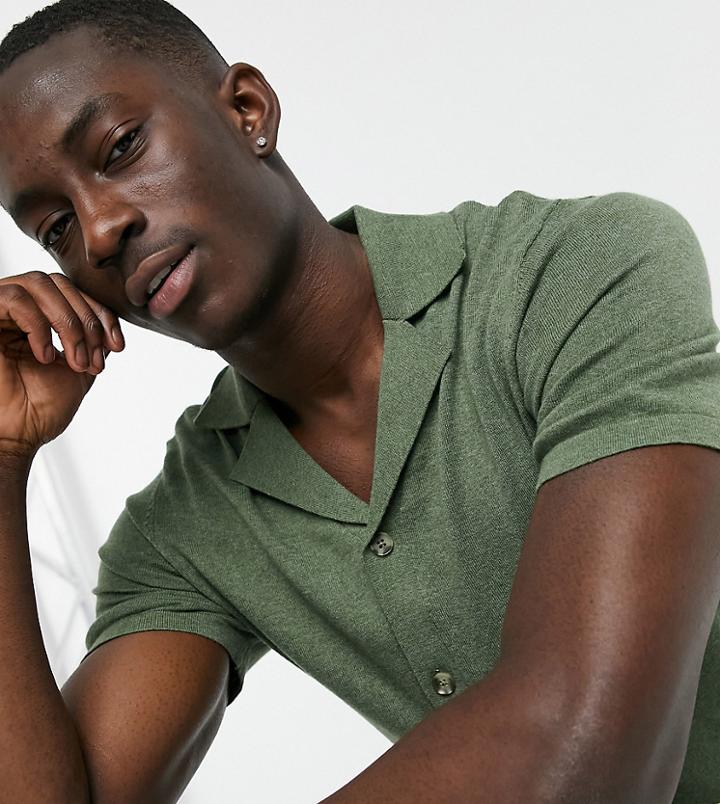 Asos Design Knitted Button Through Polo T-shirt In Khaki-green