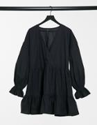 Asos Design Cotton Poplin Casual Wrap Front Tiered Mini Smock Dress With Long Sleeve In Black