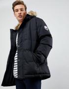 Threadbare Quilted Parka Coat With Faux Fur Trim Hood - Black