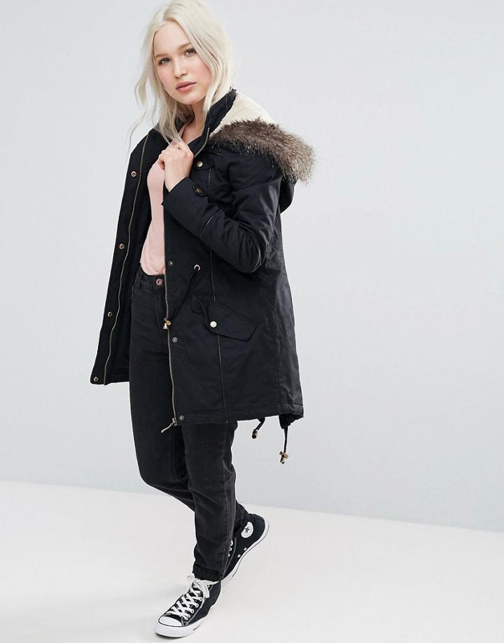 Brave Soul Mid Parka With Faux Fur Hood - Black
