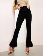 Asos Luxe Straight Leg Jeans With Faux Feather Hem In Black