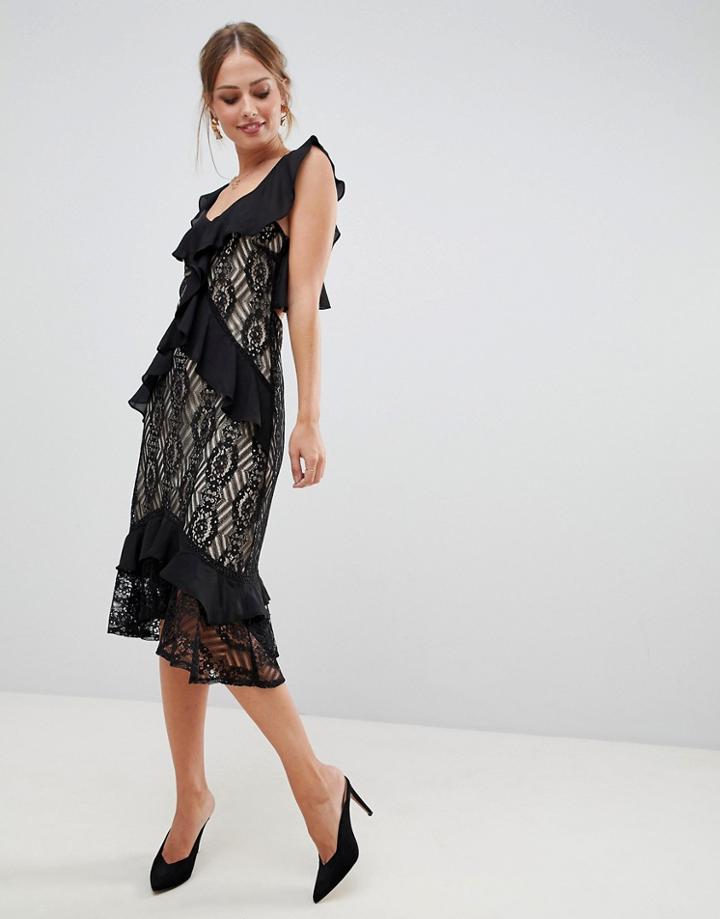 Liquorish Midi Dress With Lace And Ruffles - Black