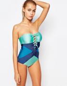 Minkpink Sea Splice Criss Cross Tie Up Swimsuit - Blue