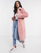 Missguided Longline Coat With Faux Tortoise Shell Buttons In Pink