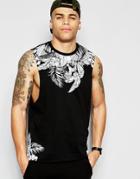 Asos Sleeveless T-shirt With Dropped Armhole And Floral Skull Print - Black