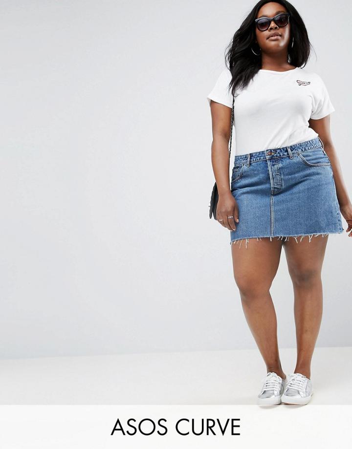 Asos Curve Denim Low Rise Pelmet Skirt In Freesia Mid Stonewash With Raw Hem - Blue