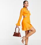 Asos Design Petite Ruffle Detail Mini Dress With Button Detail In Mustard-red