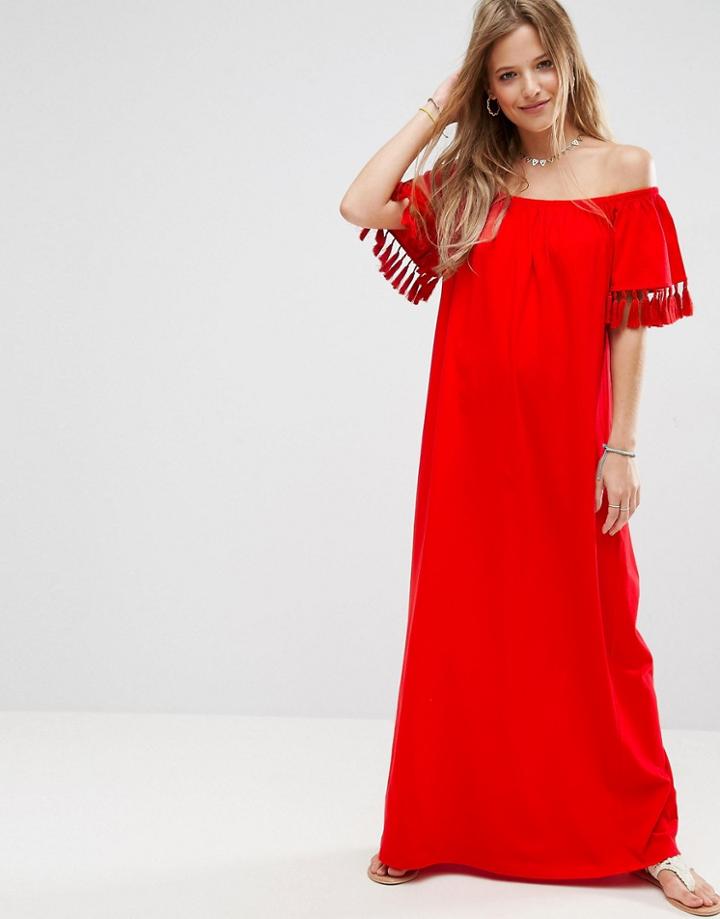 Asos Off Shoulder Maxi Sundress With Tassel Detail - Red