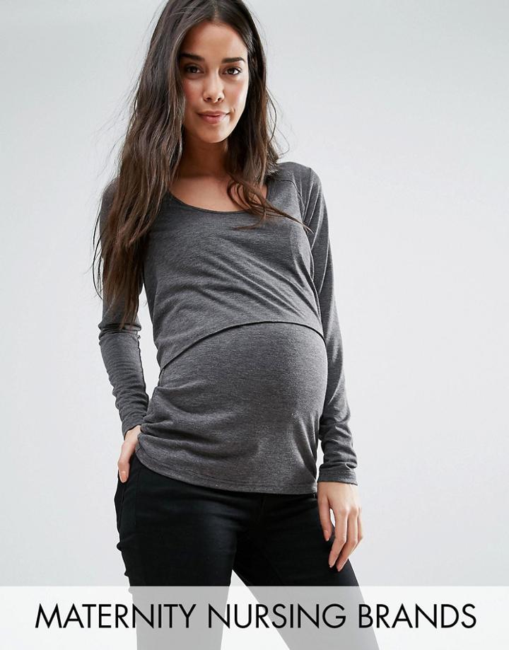 Mama. Licious Nursing Double Layer Drape Sleeve Jersey Top - Gray