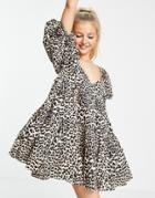 Asos Design Cotton Tiered Mini Smock Dress In Animal Print-multi