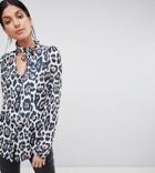 John Zack Tall Plunge Front Blouse With Neck Tie In Leopard - Multi