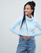 Asos Design Crop Sweater With High Neck In Chenille - Blue