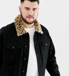 Asos Design Plus Denim Jacket With Leopard Print Faux Fur Collar - Black