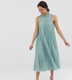 Asos Design Tall High Neck Pleated Broderie Midi Swing Dress - Green