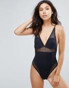 Lost Ink Lace Panel Swimsuit - Black