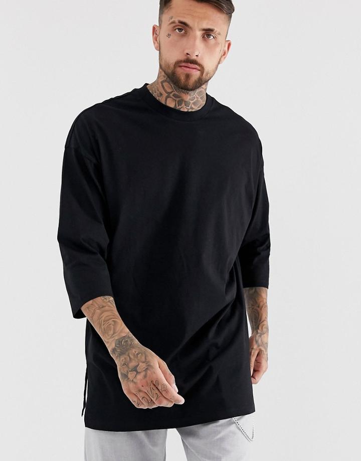 Asos Design Oversized Super Longline T-shirt With 3/4 Sleeve In Black