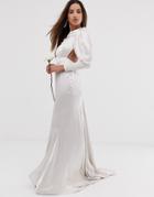 Asos Edition Satin Fishtail Wedding Dress With Dramatic Sleeve-white