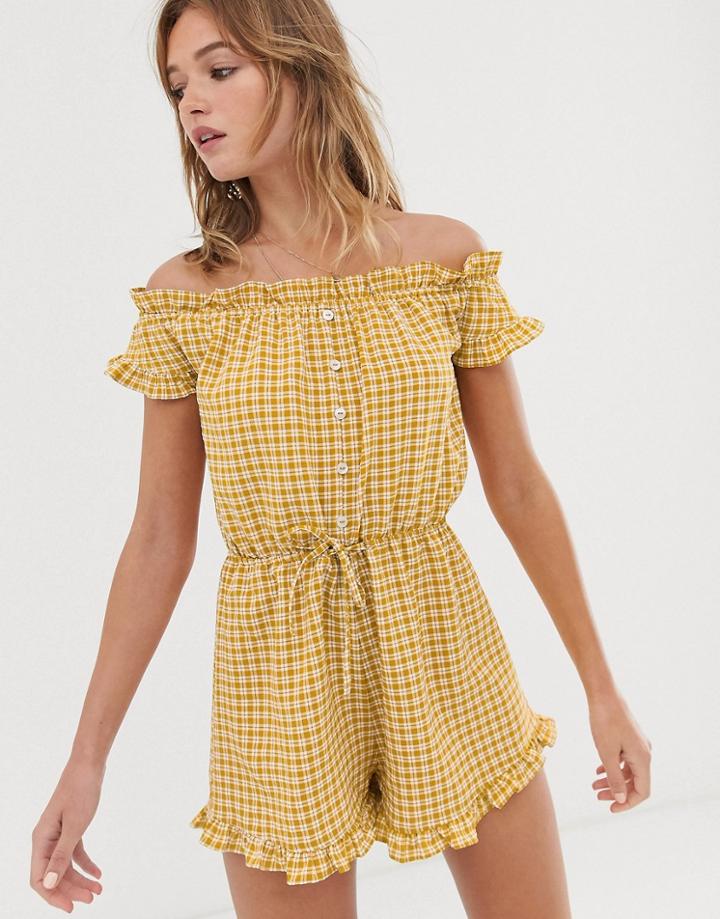 Asos Design Off Shoulder Check Tie Waist Romper - Multi