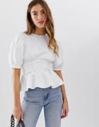 Asos Design Lattice Front Top With Volume Sleeves - White