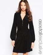 Asos Tall Exclusive Wrap Dress With Long Sleeve And Tie Waist - Black