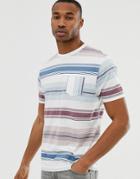 Asos Design Relaxed Organic Cotton T-shirt With Retro Stripe And Vertical Stripe Pocket - White