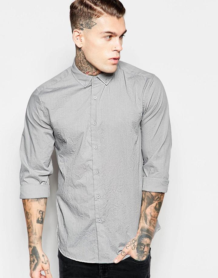 Asos Shirt With Crinkle Effect In Grey With Long Sleeves - Gray