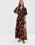 Qed London Wrap Front Kimono Maxi Dress In Tropical Print-multi