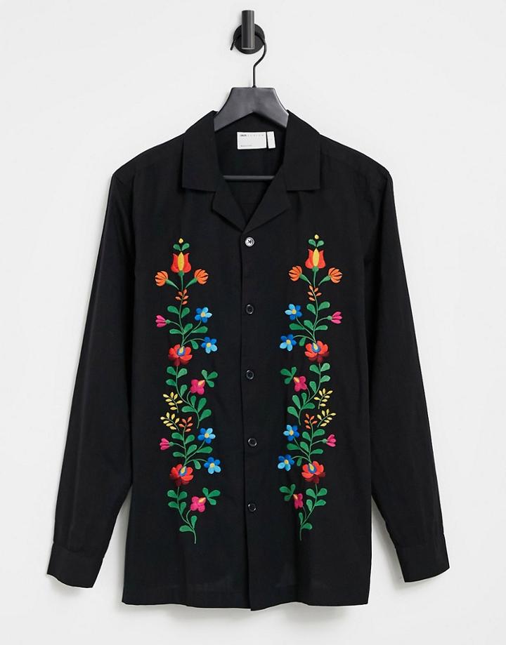 Asos Design Regular Revere Cotton Cord Black Shirt With Chest Embroidery