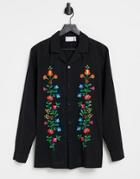 Asos Design Regular Revere Cotton Cord Black Shirt With Chest Embroidery